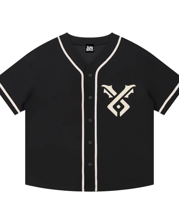 Unisex oversized pinstripe baseball jersey in a lightweight polyester-spandex blend. This white button-up shirt features classic black pinstripes, a rounded hem, and a black gothic-style logo on the chest. The back has a large, bold graphic of a hand with the words 'TALK TO THE HAND' integrated into the design. A perfect fusion of sportswear, athleisure, and streetwear aesthetics.